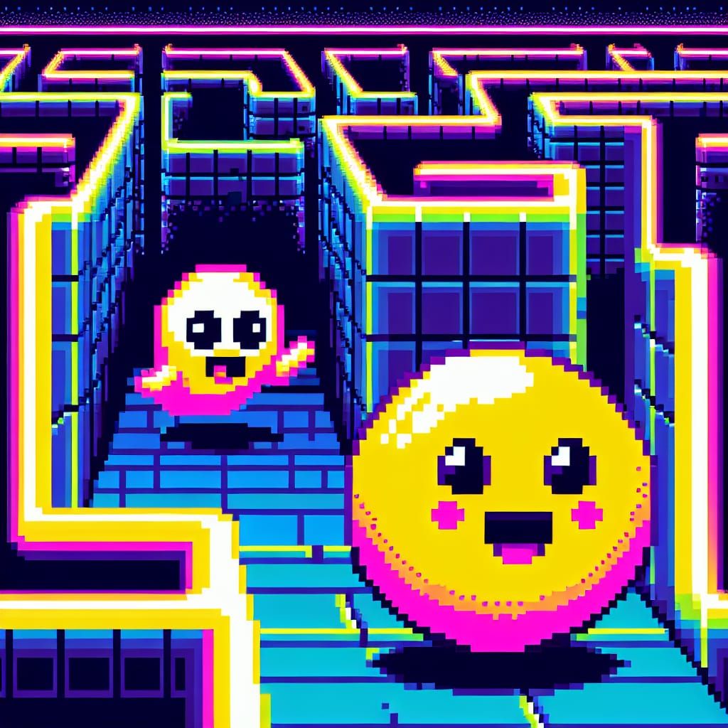 Pixel Art: Neon Pacman Chase in Retro Maze