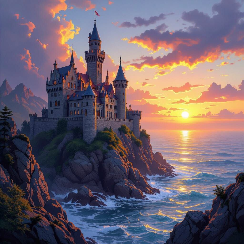 Majestic Castle on Cliff Overlooking Sea at Sunset