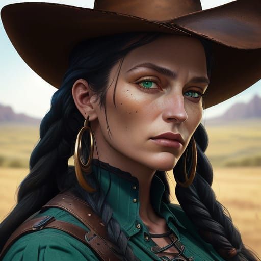Green Eyed Cowgirl Portrait in Oil Painting Style