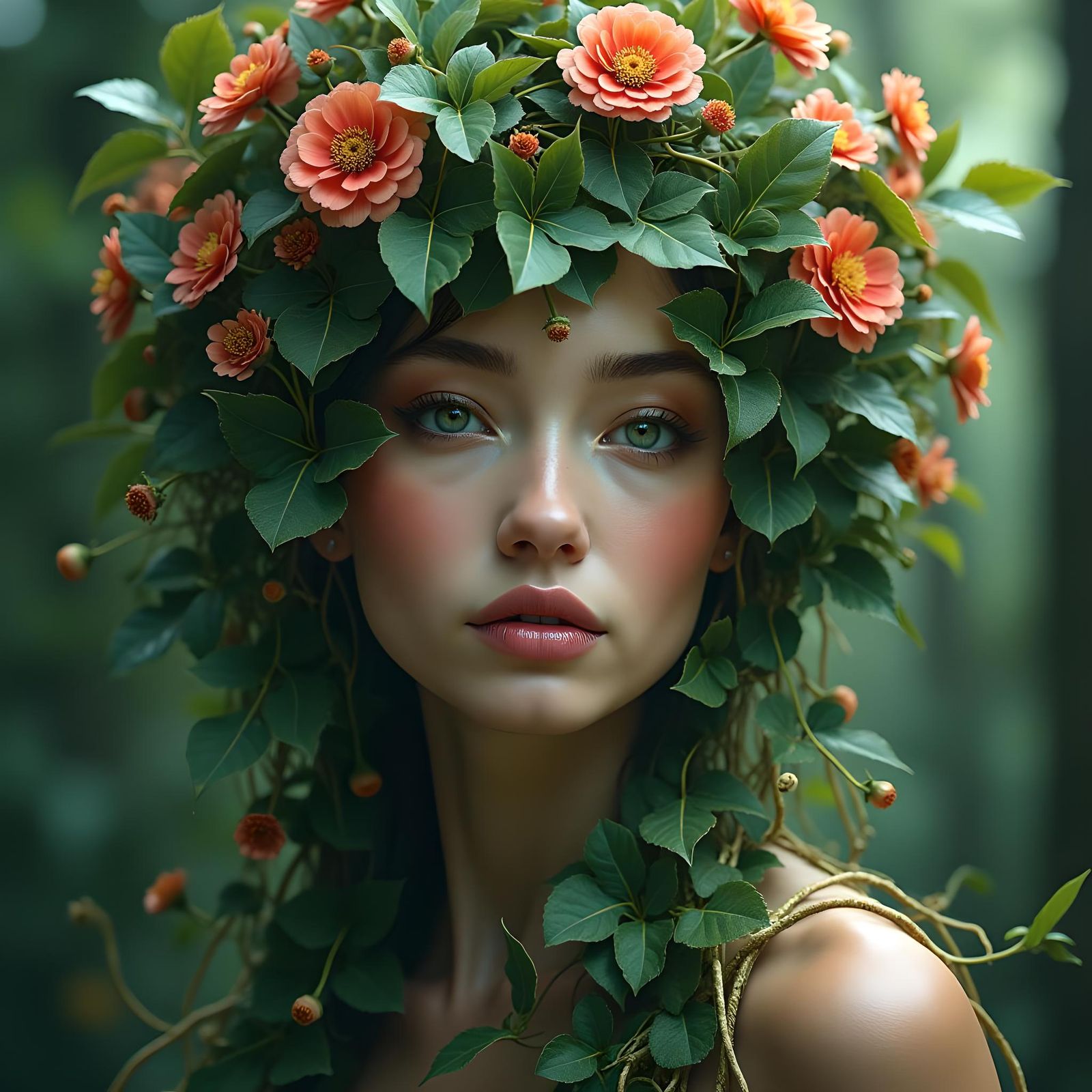 Serene Woman in Lush Vines: Hyperrealistic Artgerm-Style Por...
