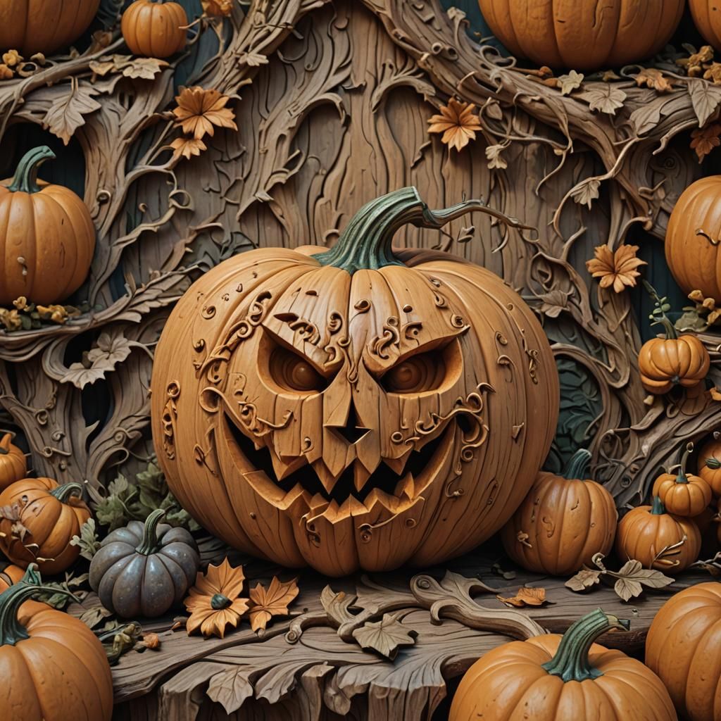Detailed Wood Carving of a Pumpkin