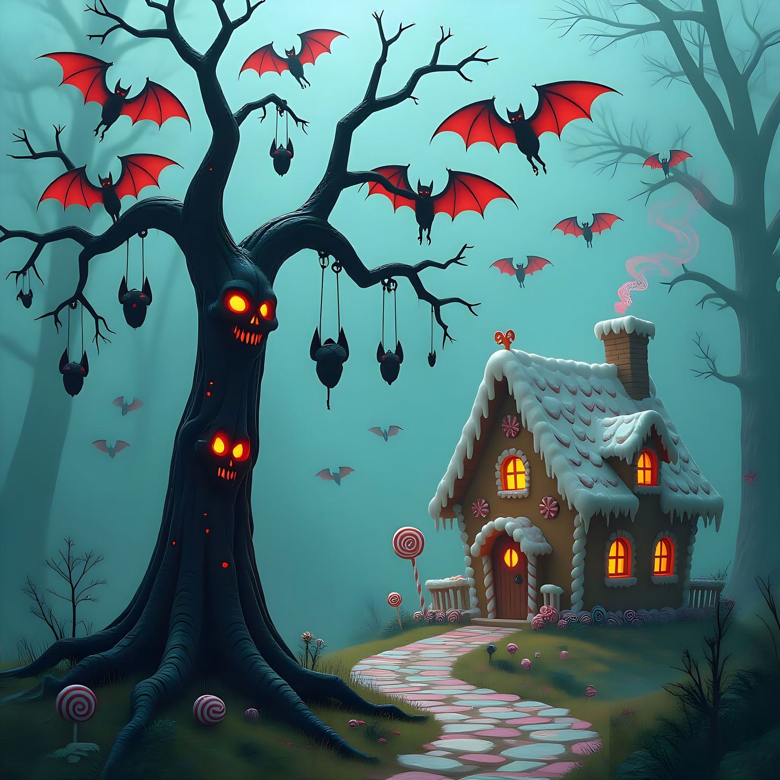 Eldritch Black Tree With Luminous Bats and Surreal Gingerbre...