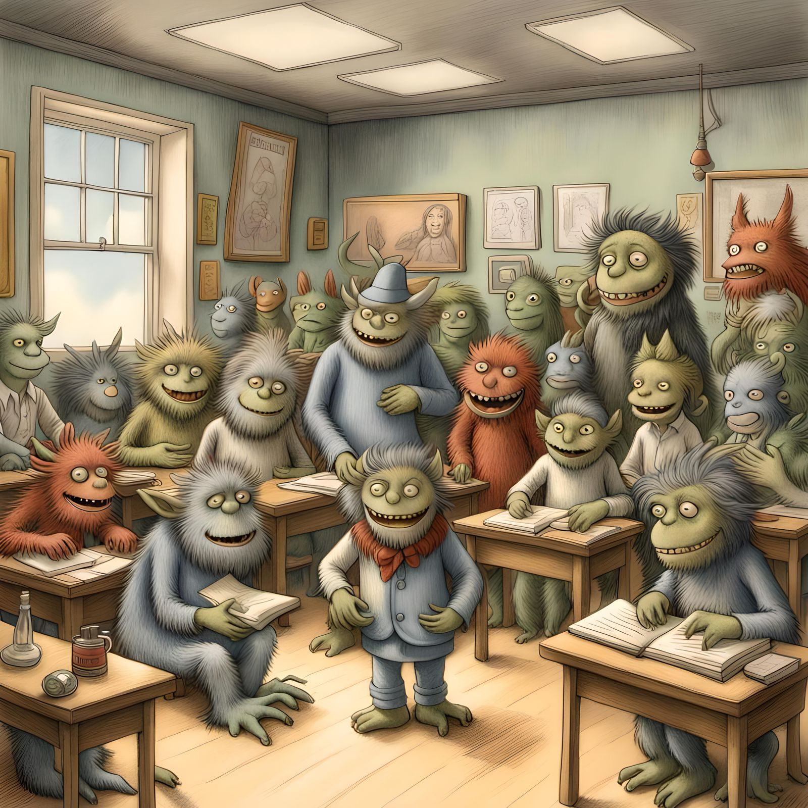 Monsters Classroom Illustration in Children's Book Style