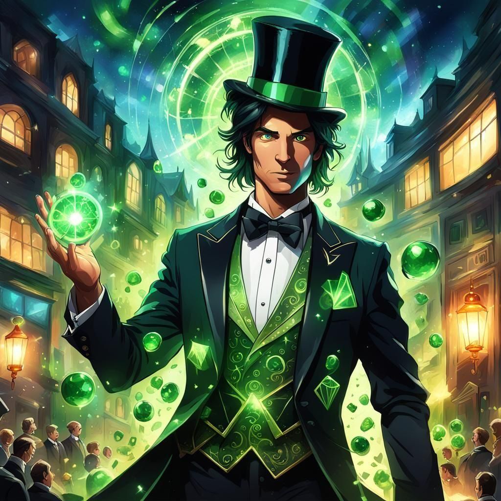 Mysterious Magician in a Tuxedo with Green Magic