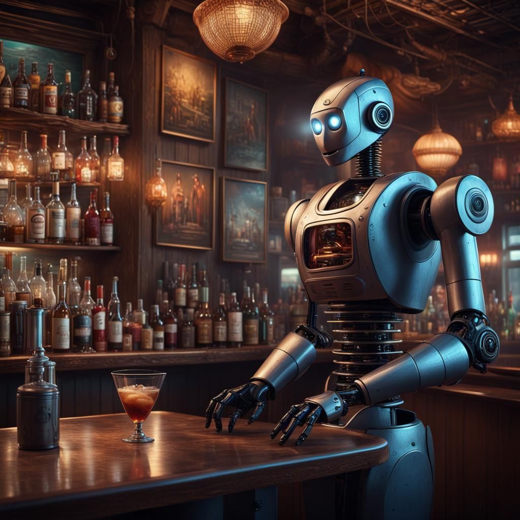 Robot Waiter in a Cinematic Digital Painting