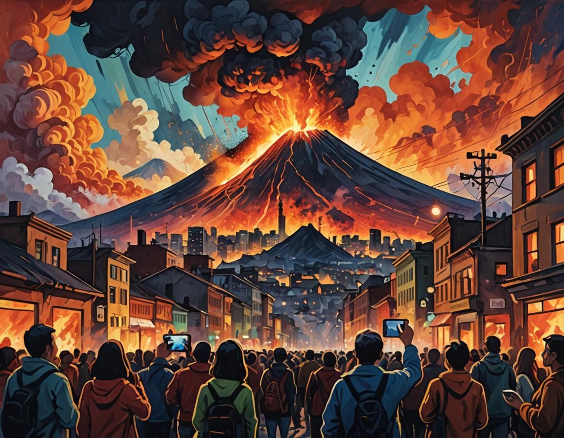 Volcanic Eruption Engulfs Cityscape, Expressionist Style