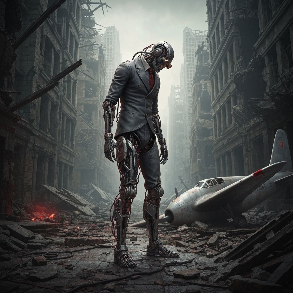 Steampunk Robot in Ruined Cityscape