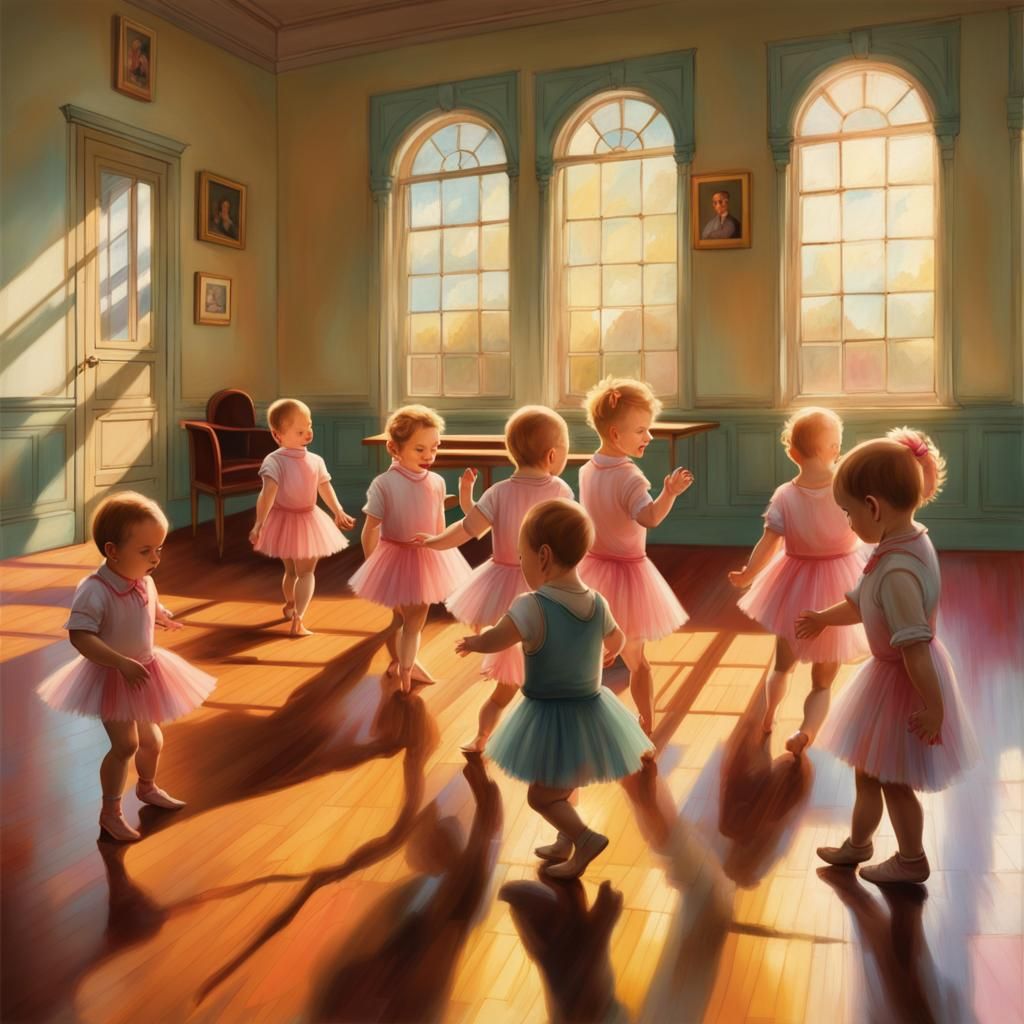 Babies Dancing in Bauhaus Style Ballroom
