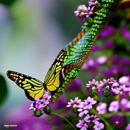 Lizard's Butterfly Love: Detailed Fantasy Art