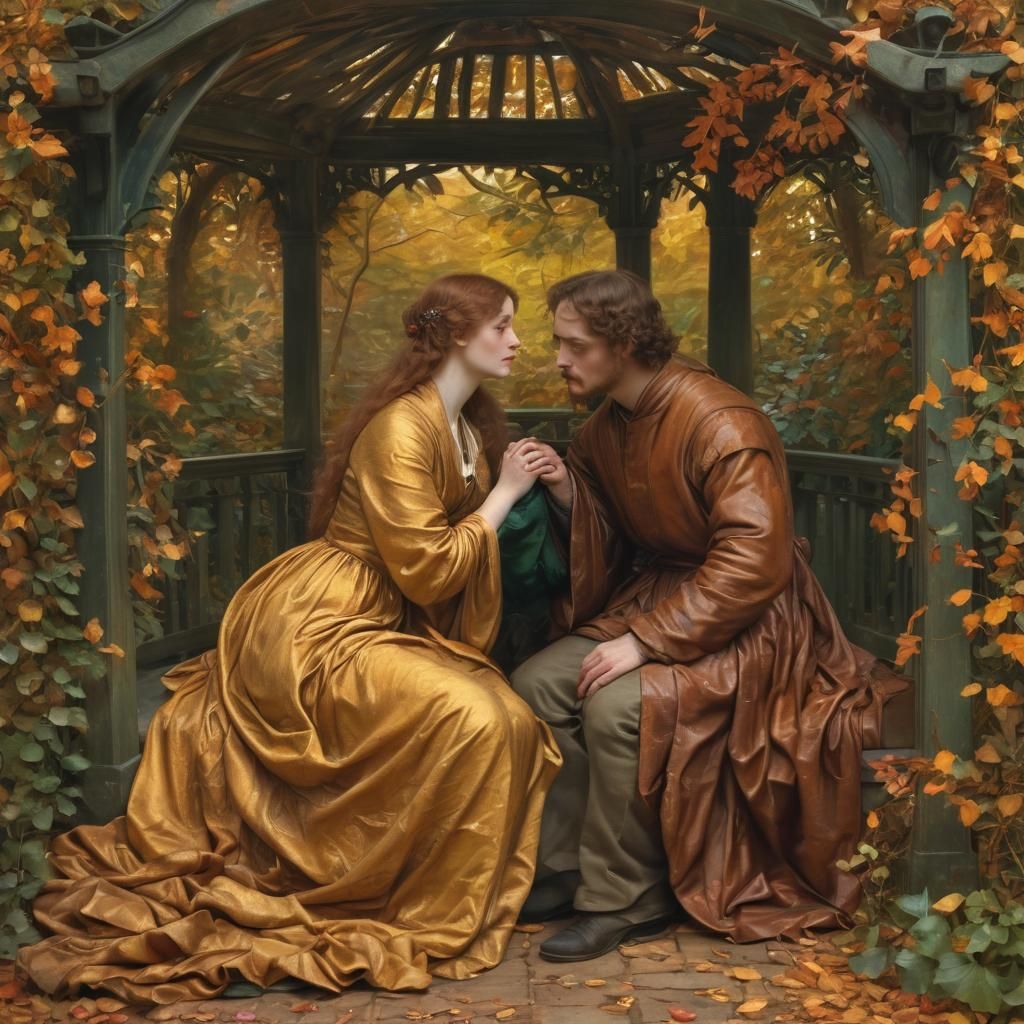 Couple in Gazebo, Pre-Raphaelite Oil Painting