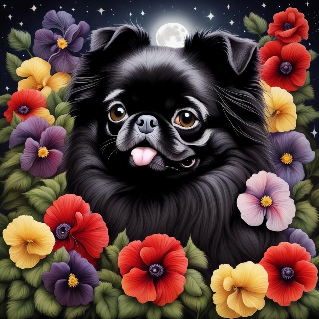 Black Pomeranian Pug in a Floral Starry Night