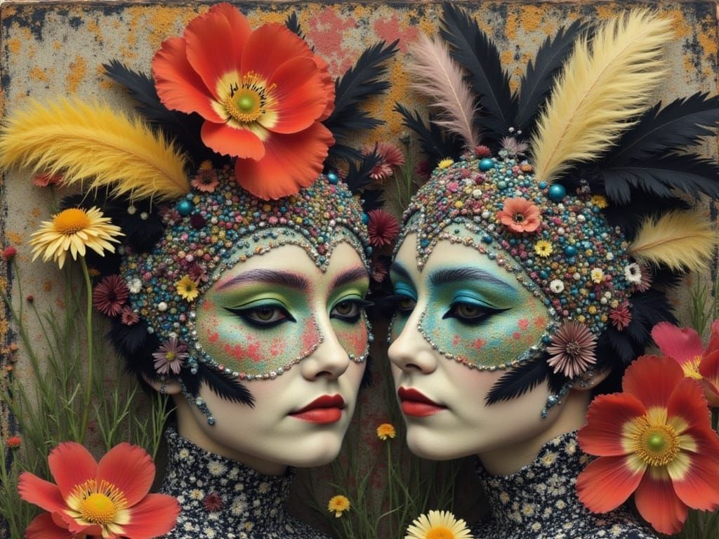 Carnival Masks with Flowers in Soft Focus Autochrome Style