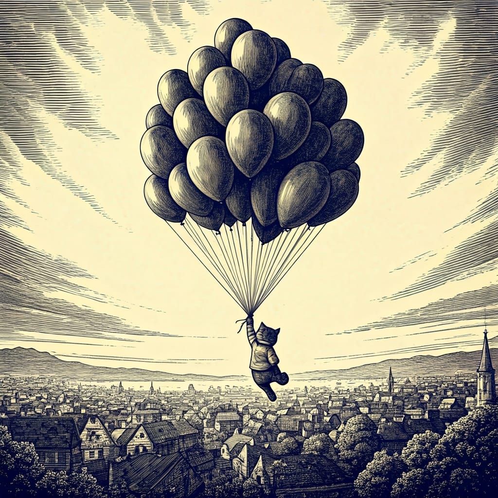 Etching of a close up of an anthropomorphic tabby kitten hol...