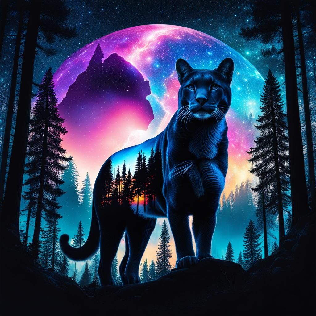 Mountain Lion Double Exposure: Holographic Cosmic Art