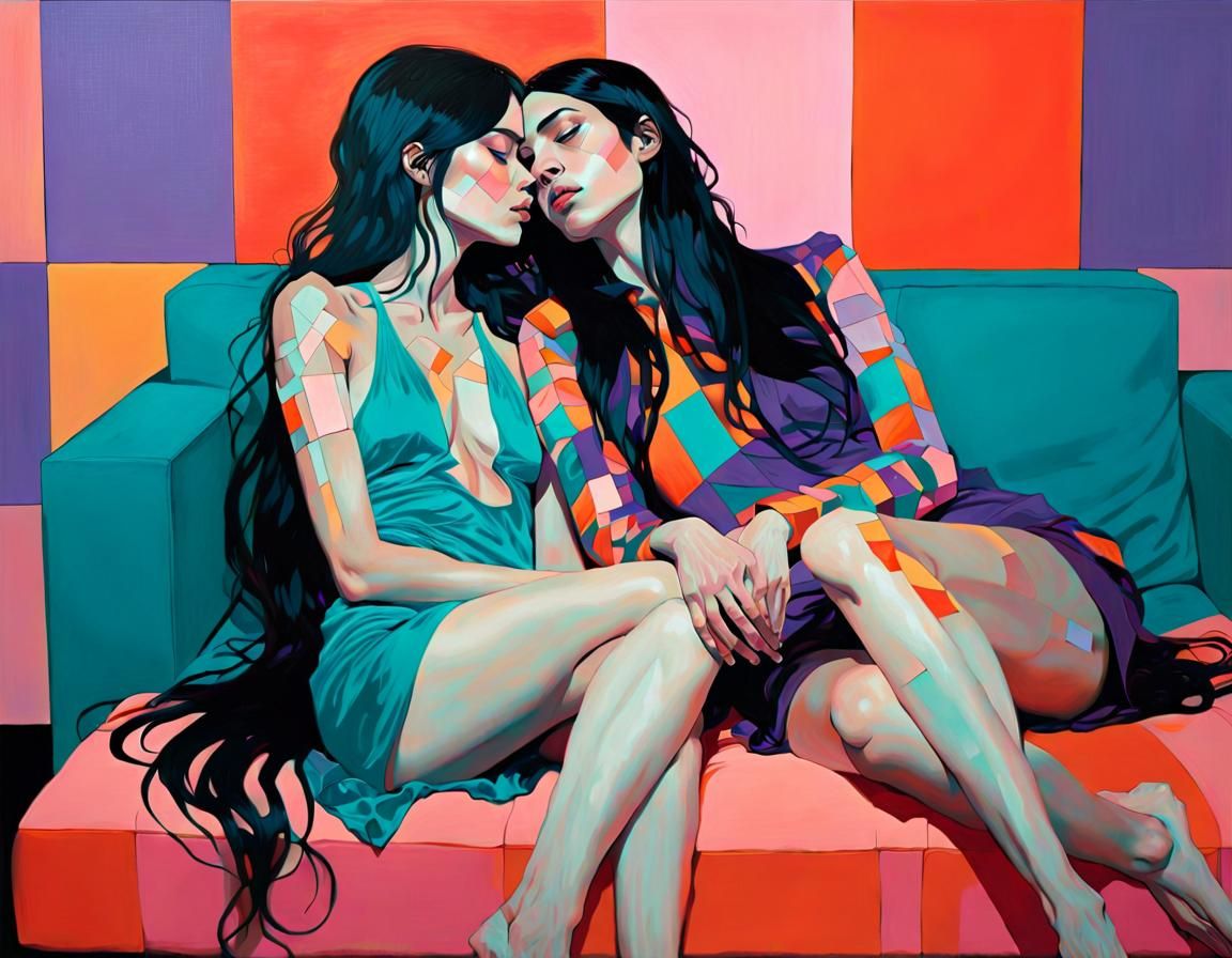 Androgynous Figures Embracing with Mystical Cubes