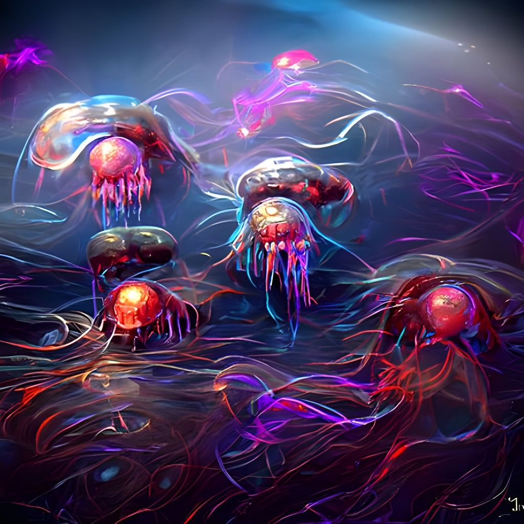 Neon Jellyfish Swarm in a Dark Sea