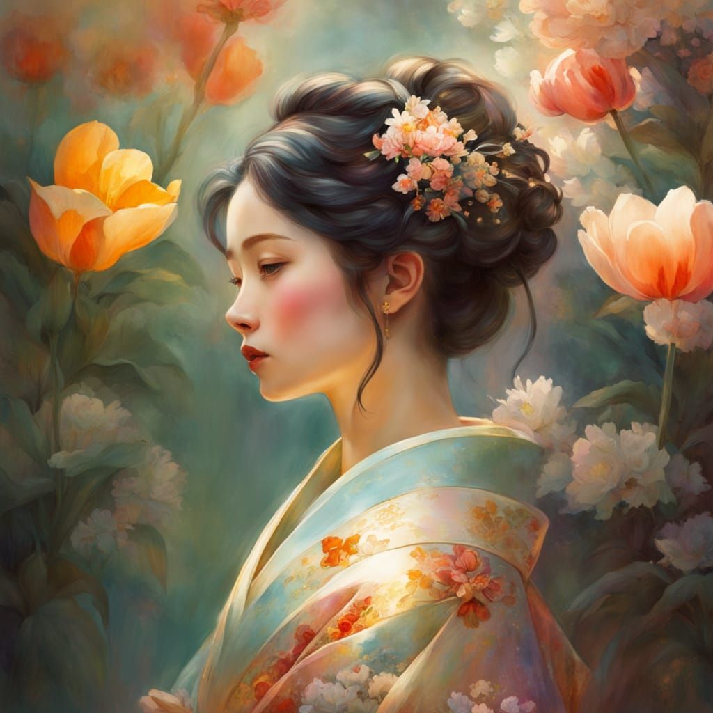 Whimsical Watercolour Geisha in Celestial Kimono