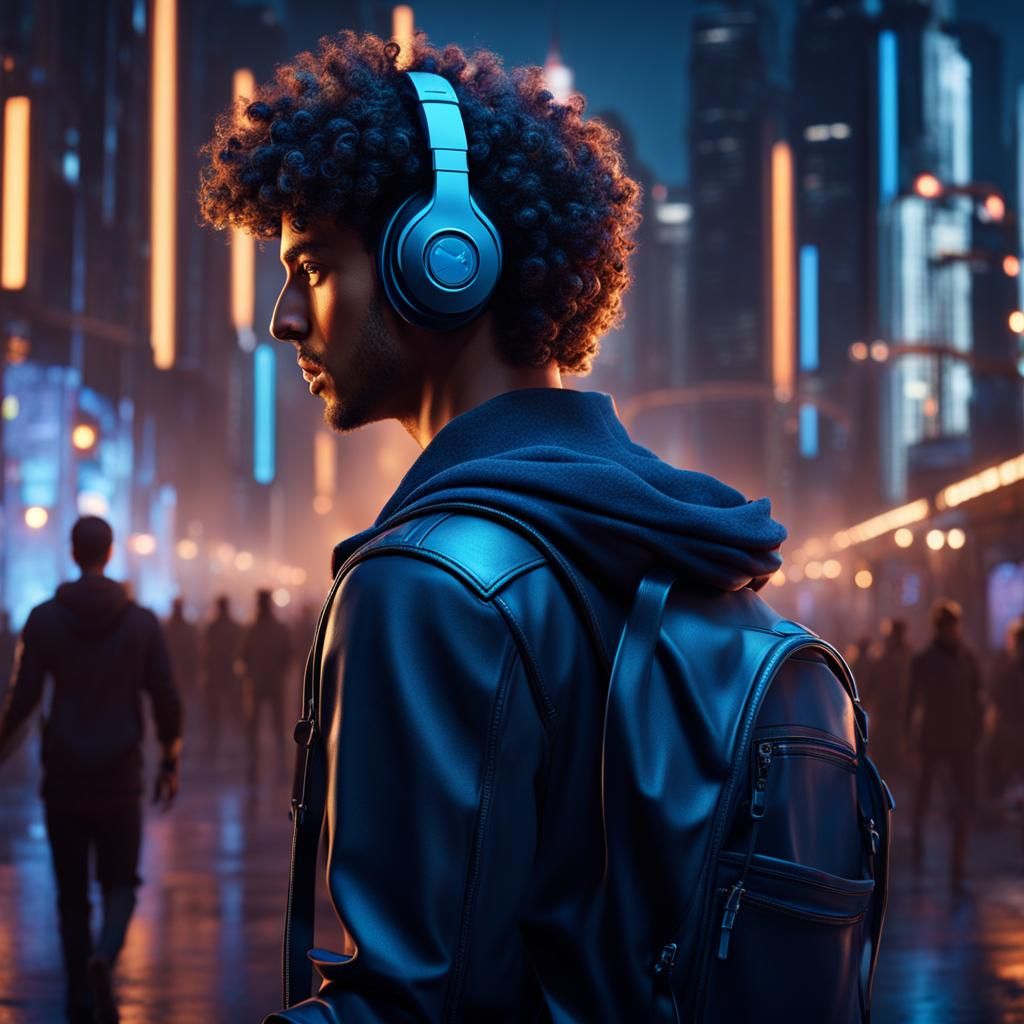 Young Man with Headphones in a Night City