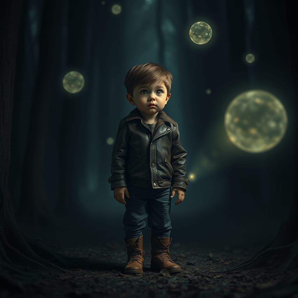 Ethereal Forest: Boy Surrounded by Glowing Orbs