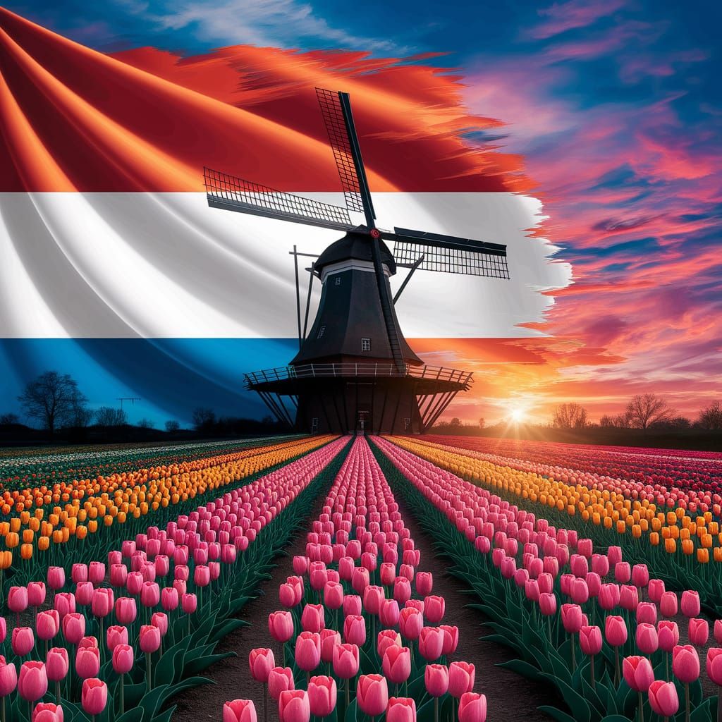 Dutch Flag with Windmill in Sunset Oil Painting