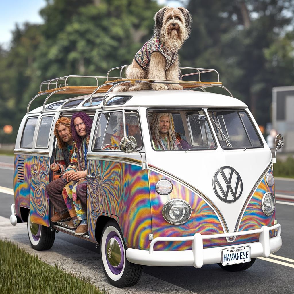 Psychedelic VW Bus with Hippies and Havanese in Colorful Sur...