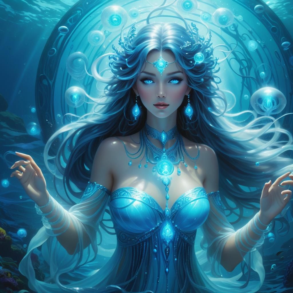 Water Goddess Benthesikyme in Bioluminescent Ocean