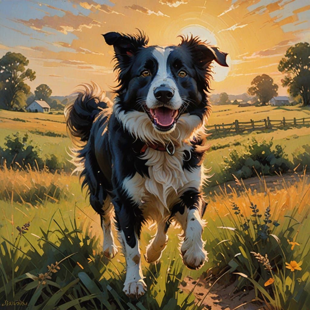Border Collie Runs in Field: Impressionist Oil Painting