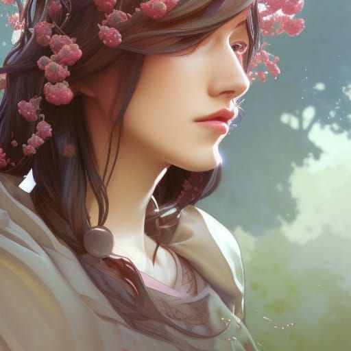 Detailed Portrait Under Cherry Tree, Art Nouveau Style