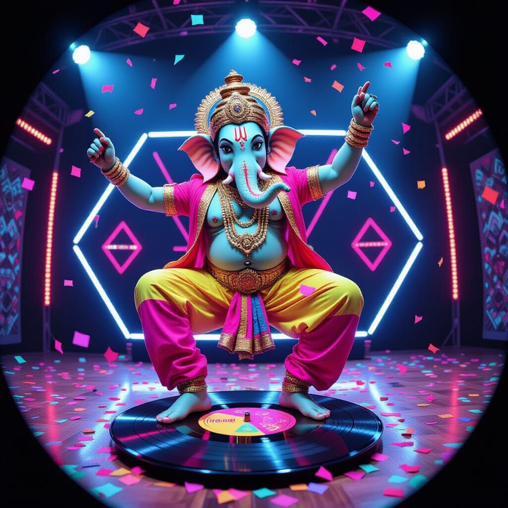 Breakdancing Ganesha in 80s Music Video Style