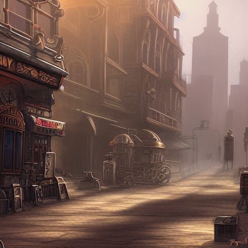 Dusty Steampunk Cityscape in Fantasy Lighting