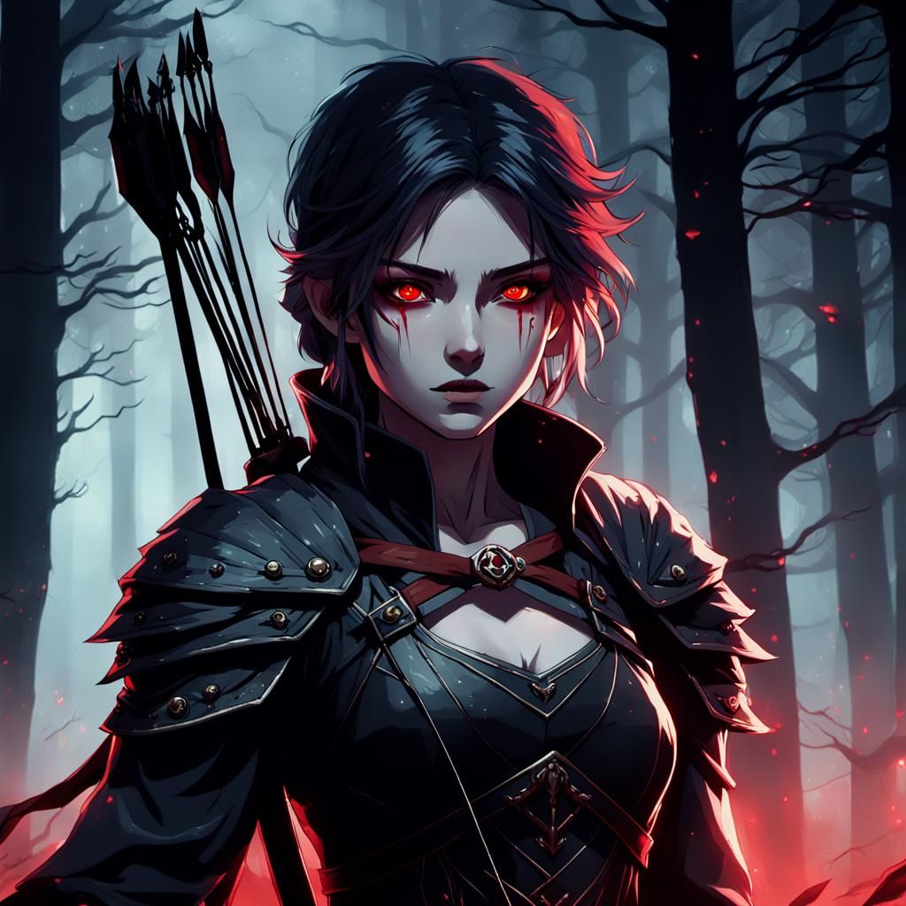 Dark Fantasy Archer Woman in Spooky Forest Scene