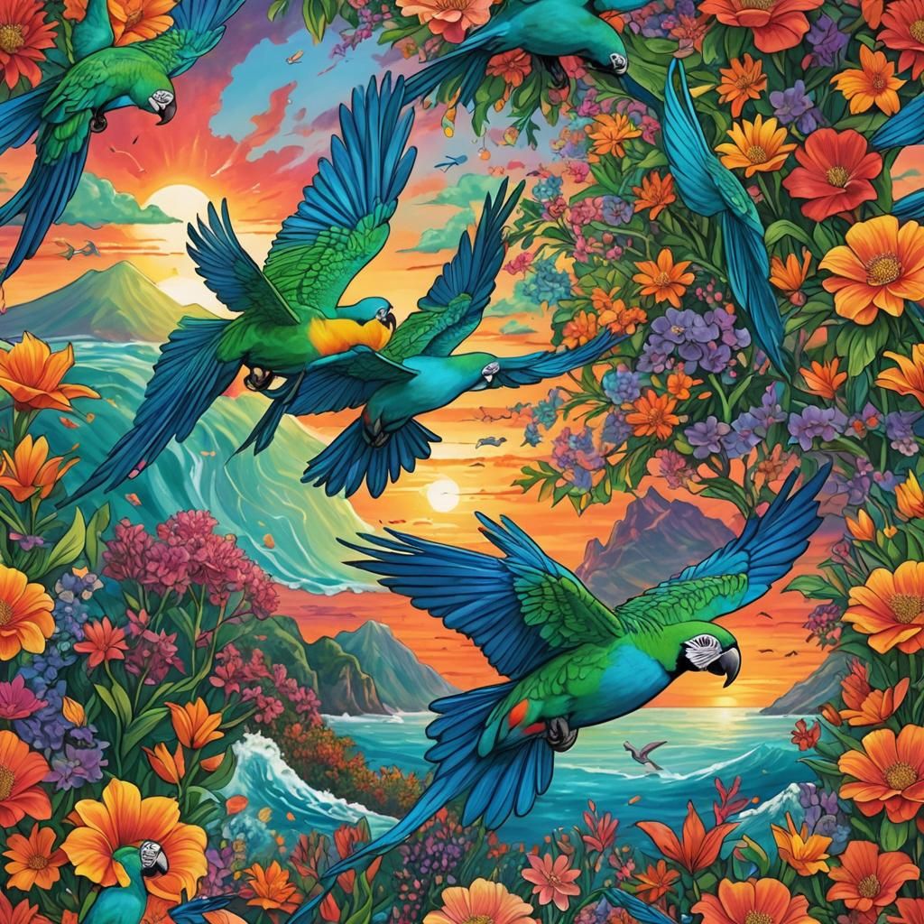 Macaw's Sunset Dive: A Fantastical Digital Painting