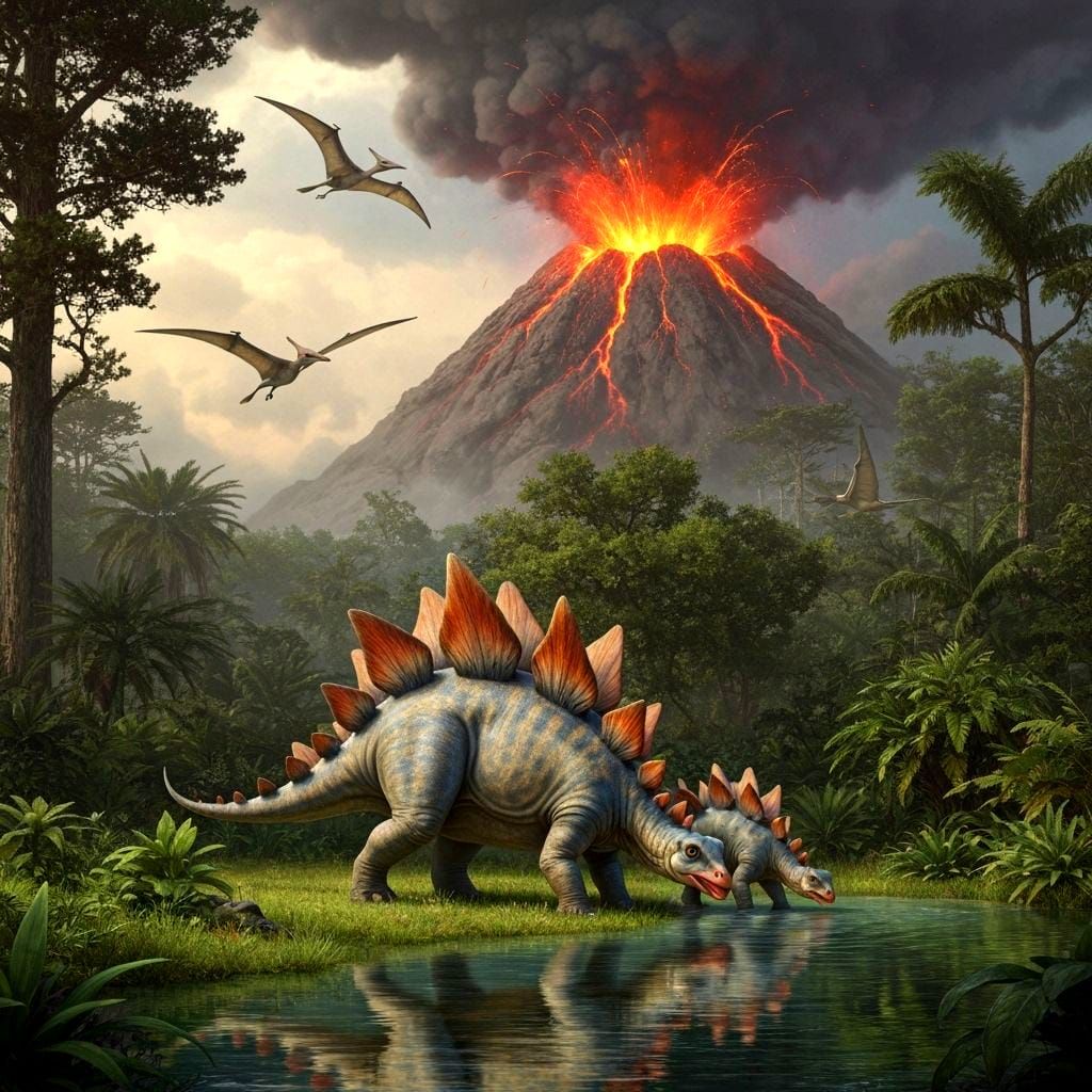 Stegosaurus Family Hydrating During Volcanic Eruption