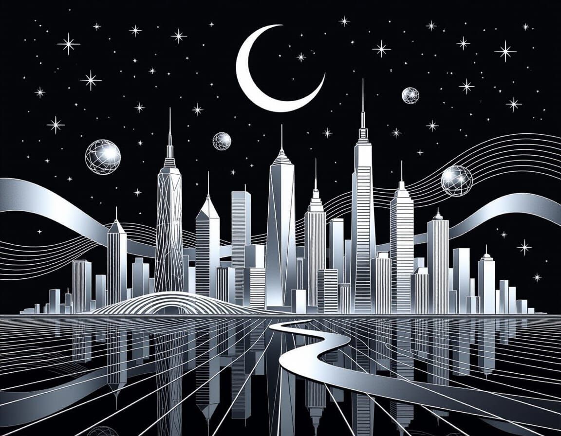 Futuristic City Silver Foil Drawing on Black Background