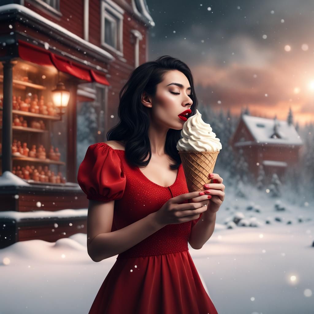 Pretty Woman Licking Ice Cream in Snow, Digital Painting