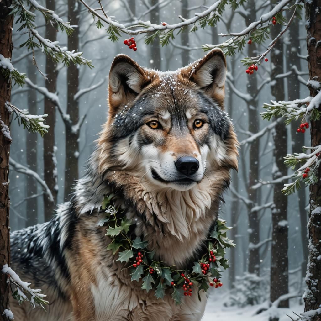 Gray Wolf Portrait with Christmas Garland in Winter Forest