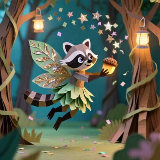Playful Raccoon Fairy Crafted from Paper Strips