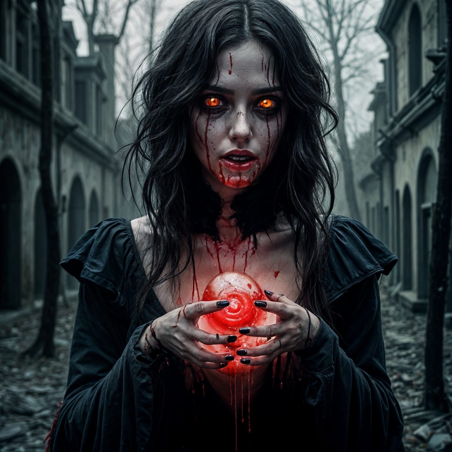 Dark Gothic Woman Holds Rotten Ruby in Haunting Cityscape