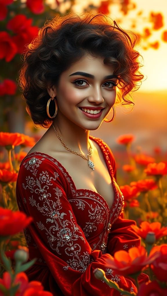 Serenely Adorned Royal Beauty in Red Flower Garden