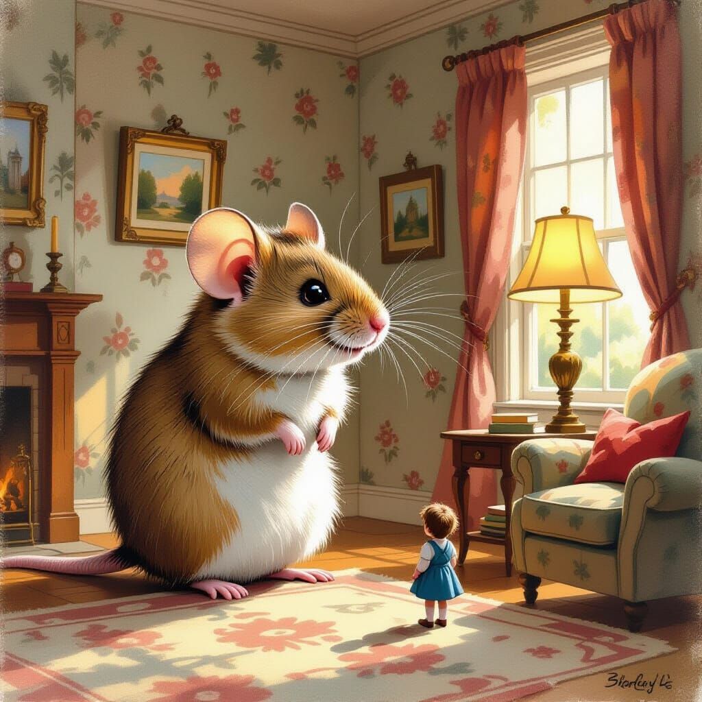 Gigantic Fluffy Mouse Explores Cozy Living Room