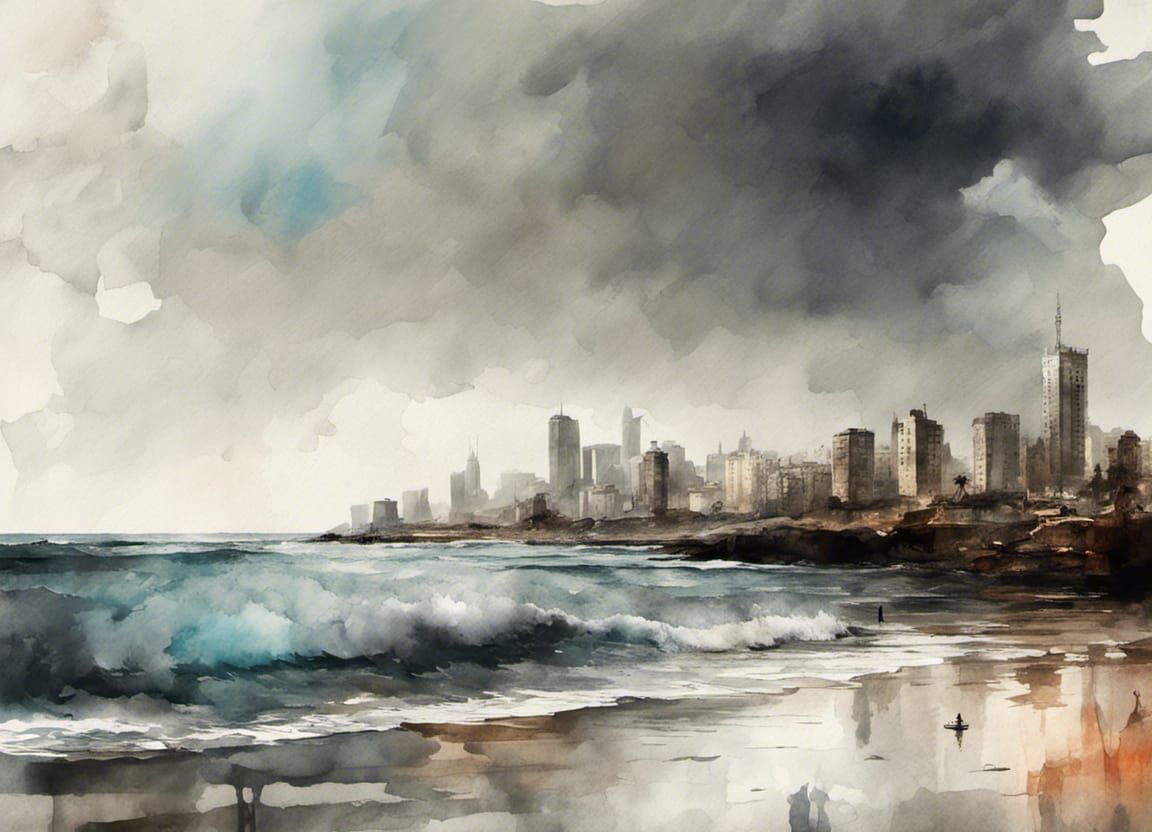 Tel Aviv Coast Storm in Watercolor 3D Render