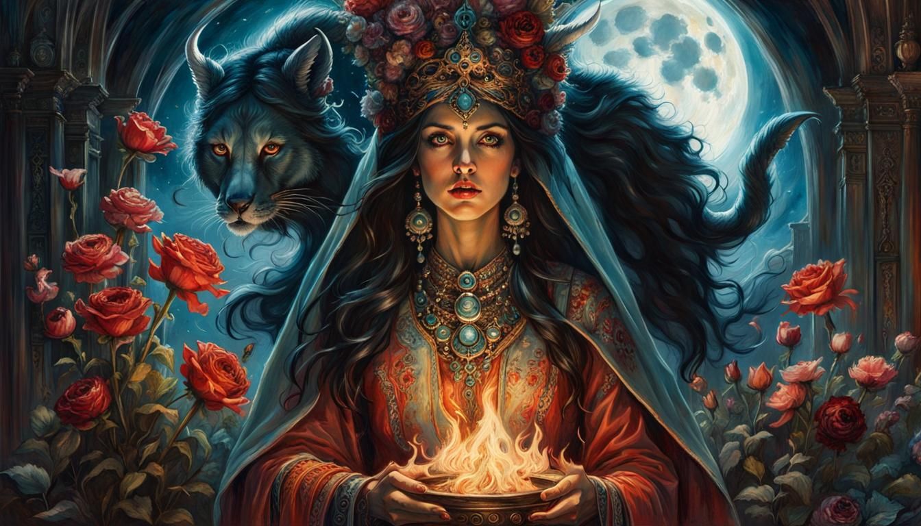 Ornate Persian Priestess Worships a Demon