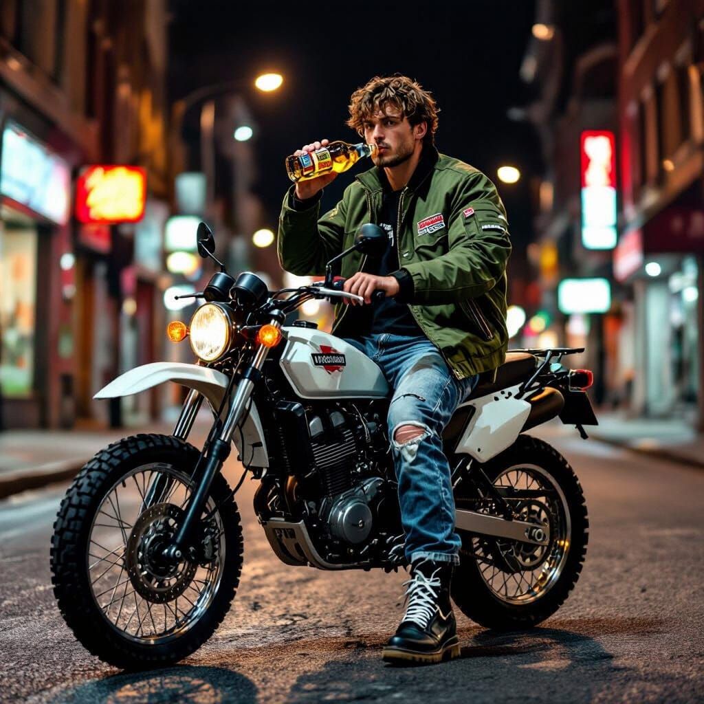 Skinhead Rider on Enduro Bike in Urban Grime