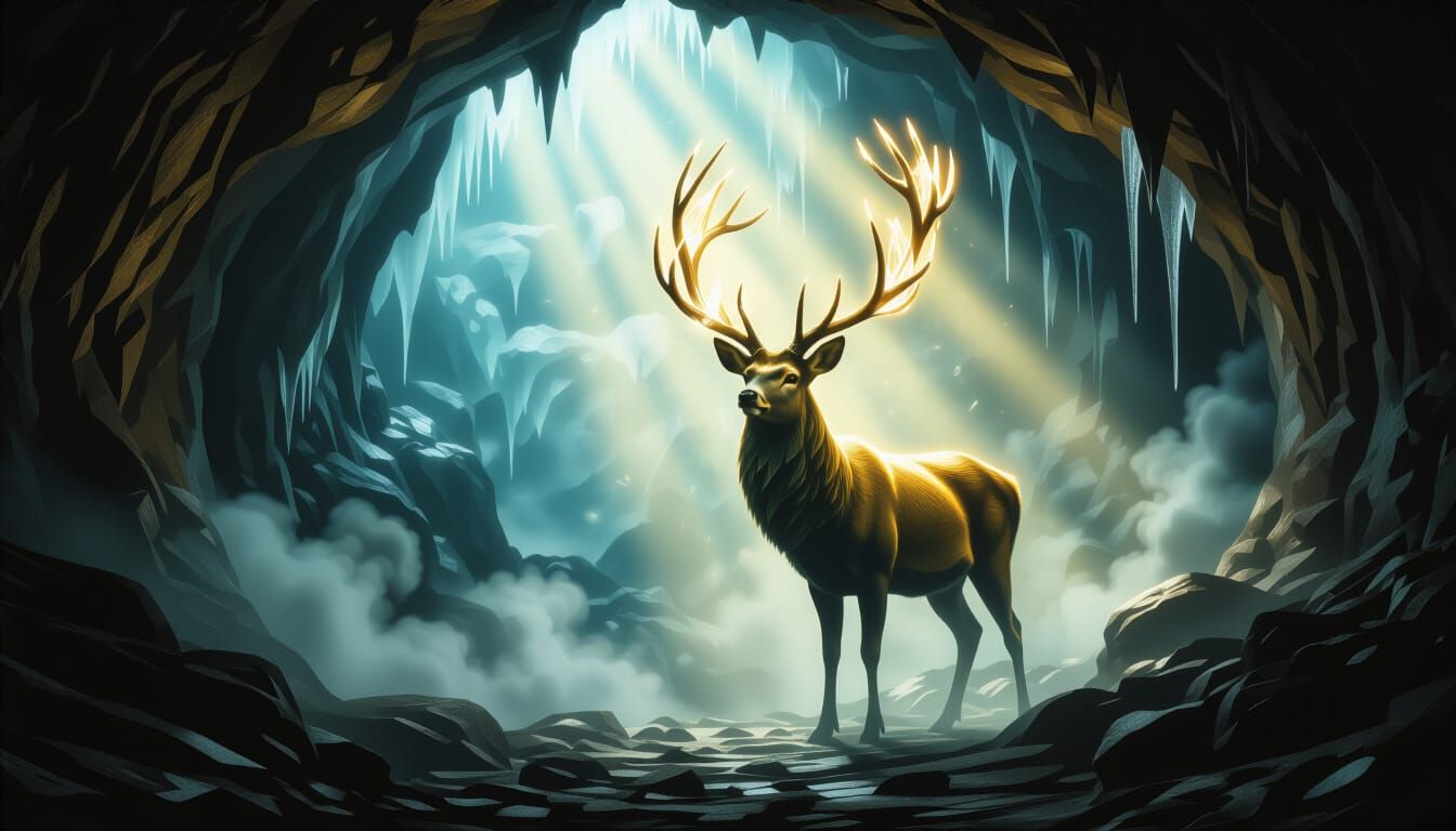 Mystical Crystal Deer Radiates Light in Cave