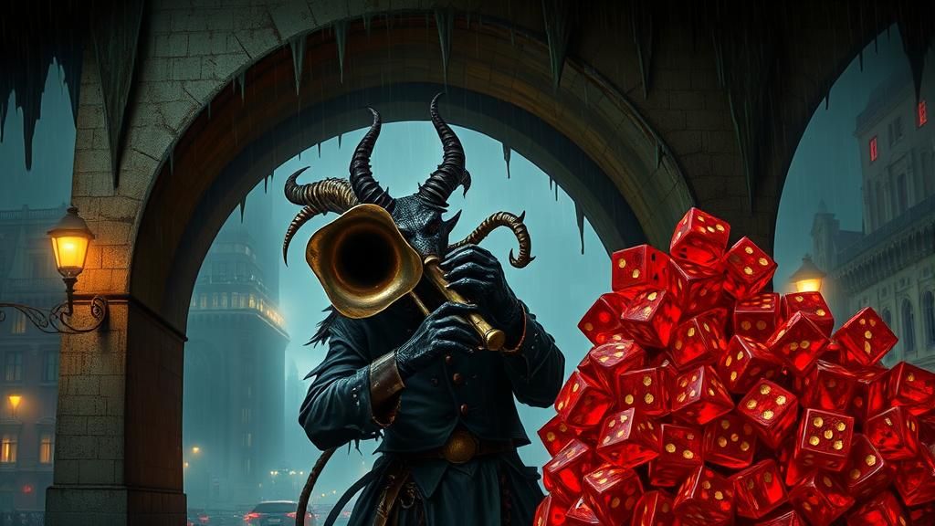 Demonic Tuba Player in Surreal Cityscape