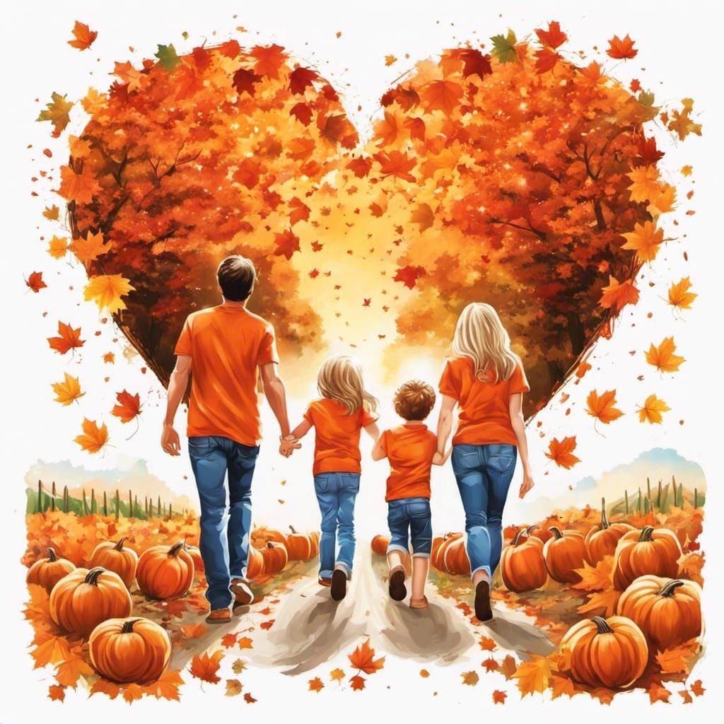 Family Stroll in Pumpkin Field with Heart Border