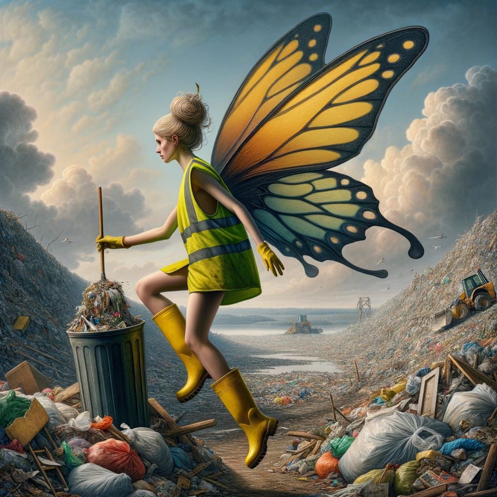 Surreal Fairy Collecting Waste in Landfill, Photorealistic