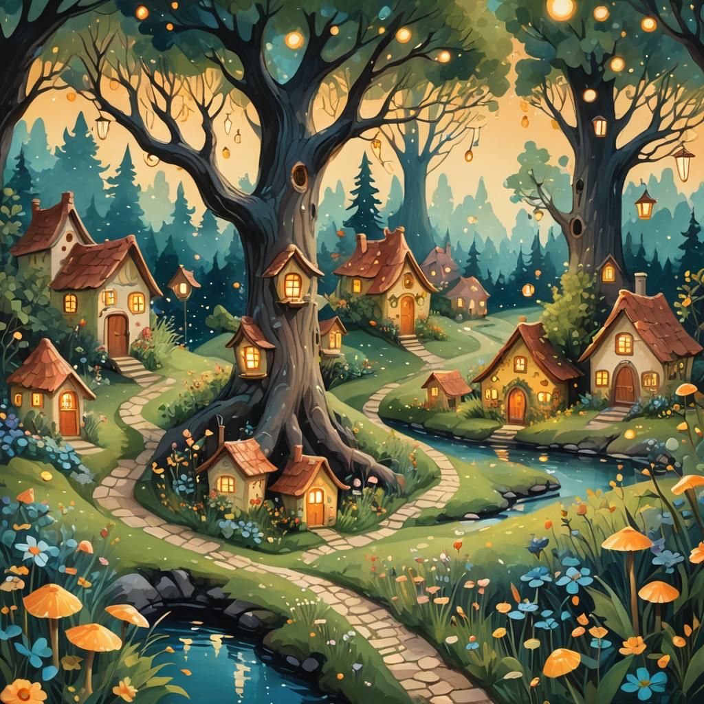 Whimsical Fairy Village in a Magical Tree