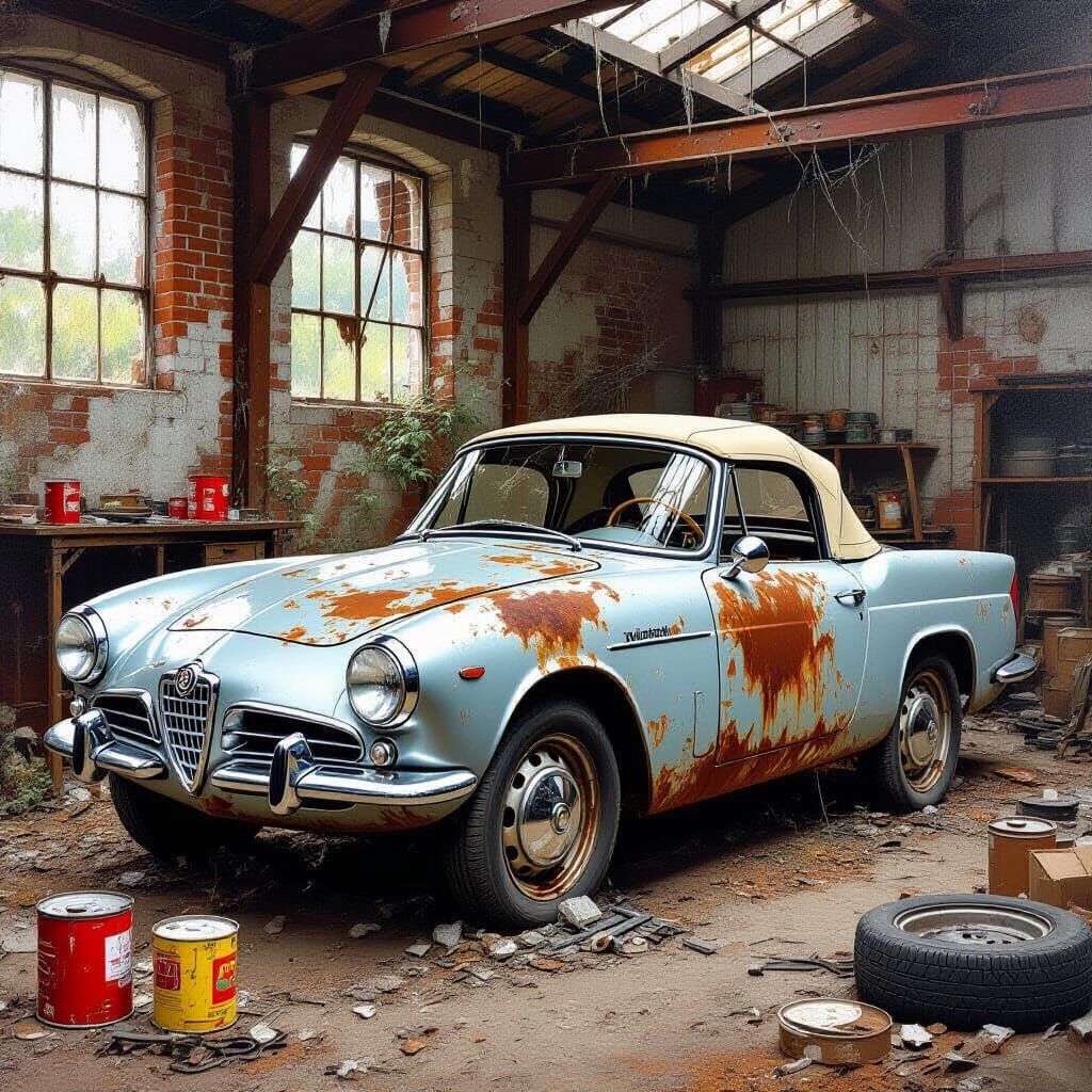 Abandoned Alfa Romeo Spider in Rusty Workshop, Oil Painting