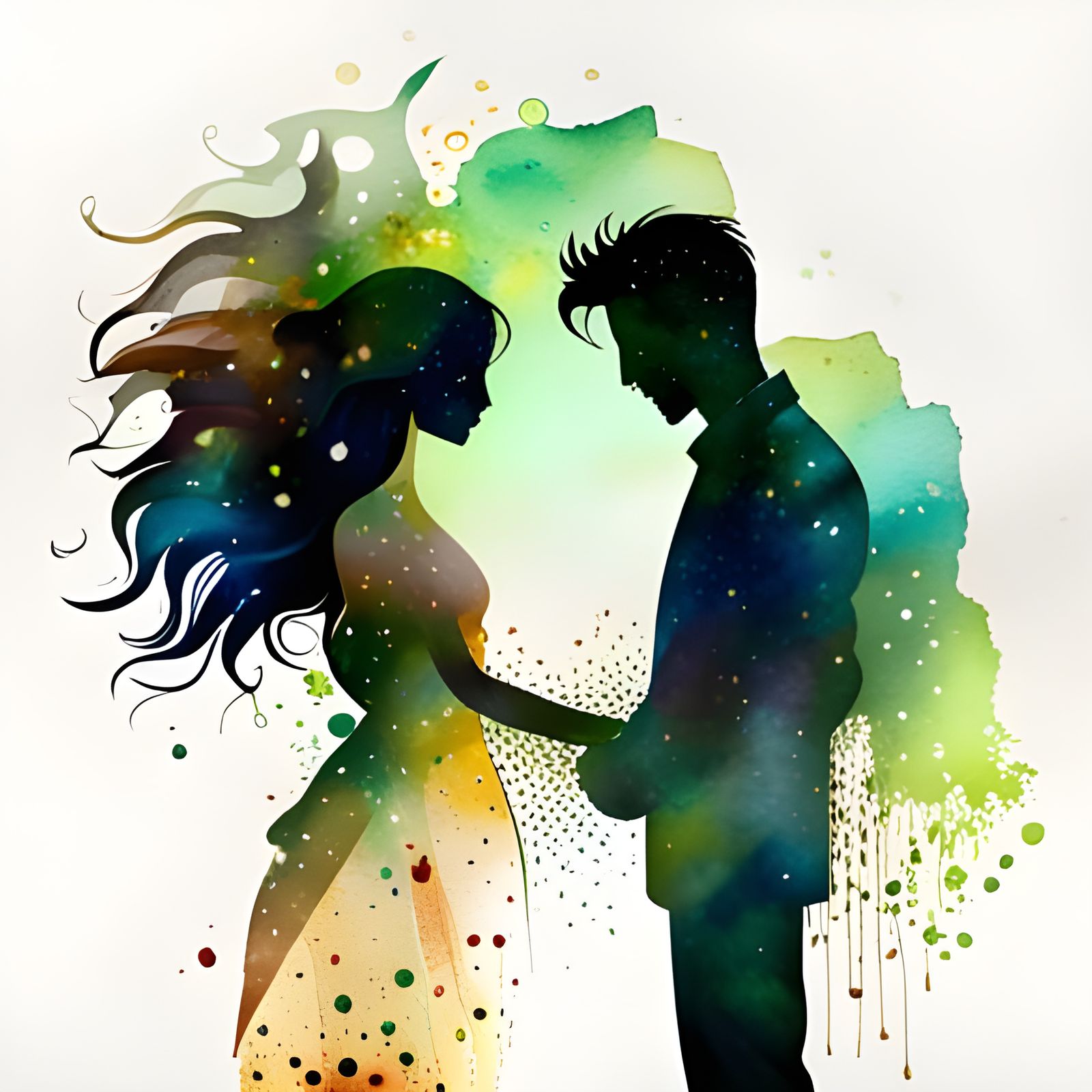 Watercolor Silhouette of Happy Couple with Flowers